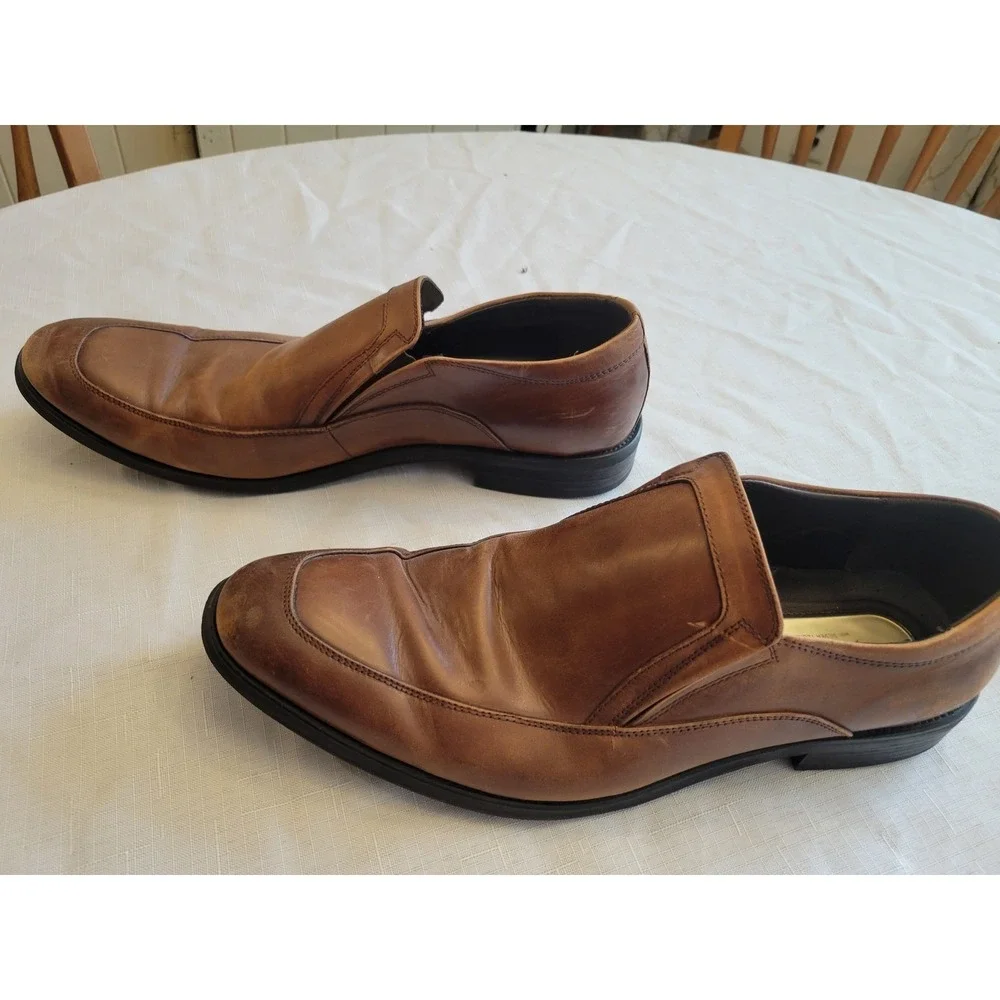 Kenneth Cole Men's 10M Brown Leather Slip On Moc Toe Dress Loafers Shoes